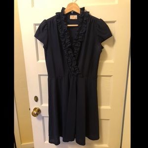 Vintage navy dress w/ ruffles, flattering, a-line